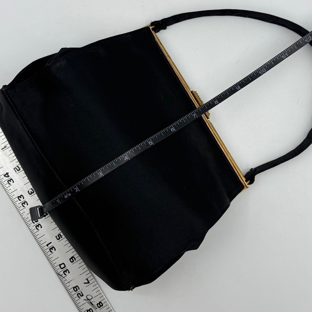 VTG Koret Black Satin Evening Bag Mother of Pearl Enamel Frame Gold Tone Clutch - Picture 2 of 12